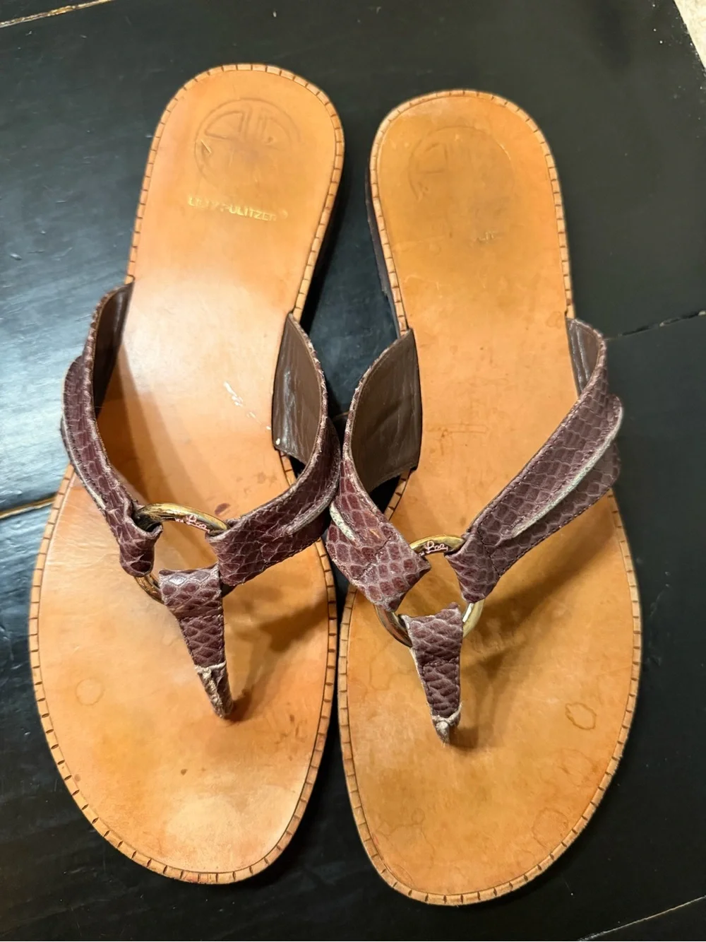 LILLY PULITZER via Palm Beach McKim Leather Thong Flat Sandals Gold O Ring 10M